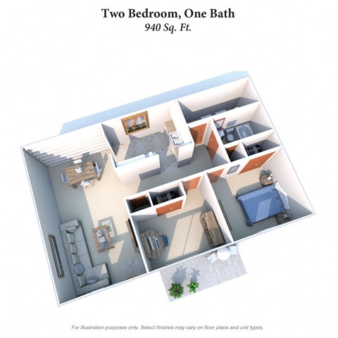 Floor plan for 2 beds, 1 bath, 940 sqft